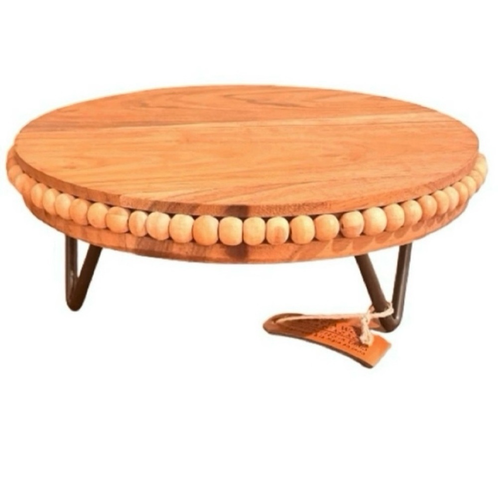 NWT- Hand Cut Quality Acacia Wood and Polished Iron Serving/ Cake Platter.